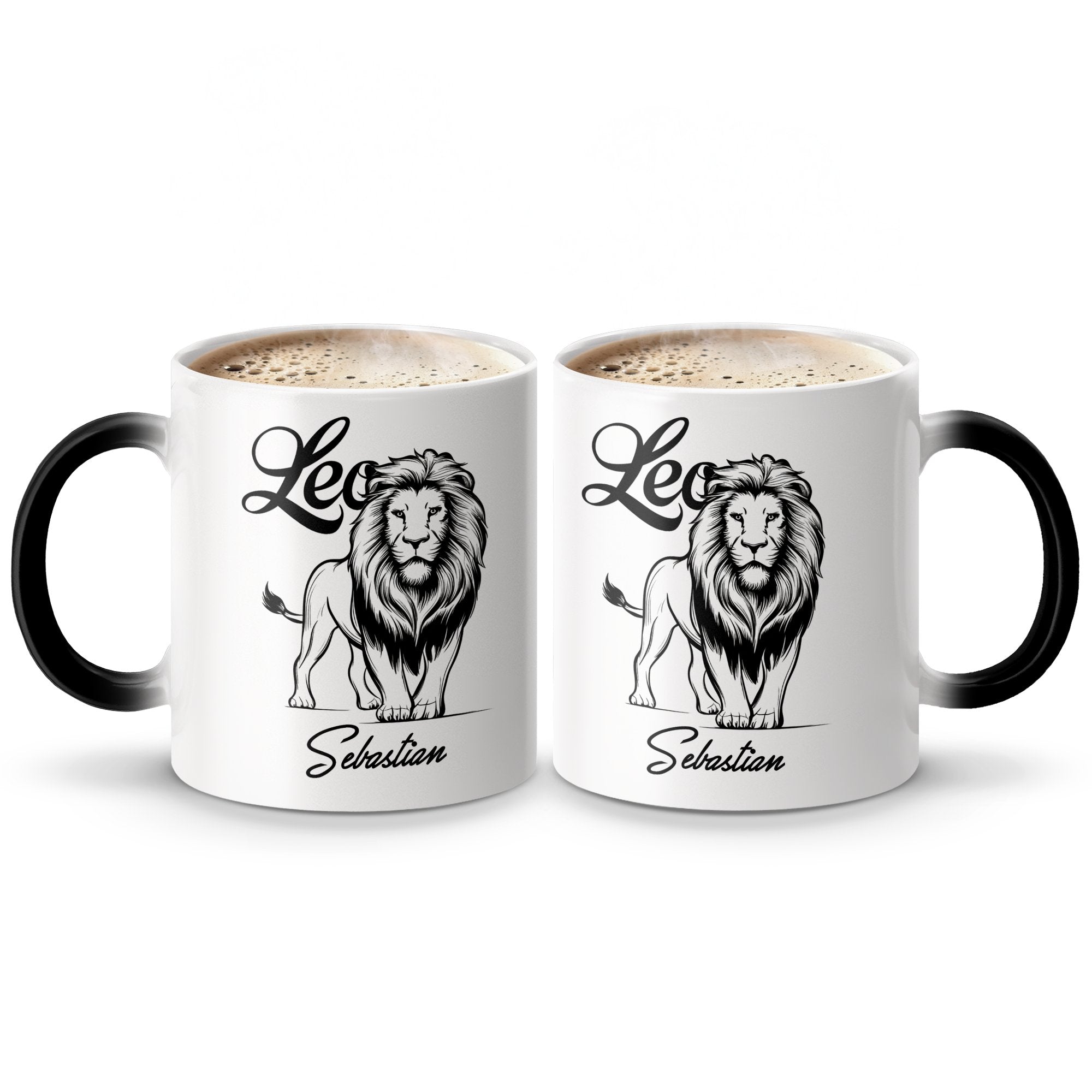 Two white mugs with black handles, each featuring a lion and the name "Sebastian."