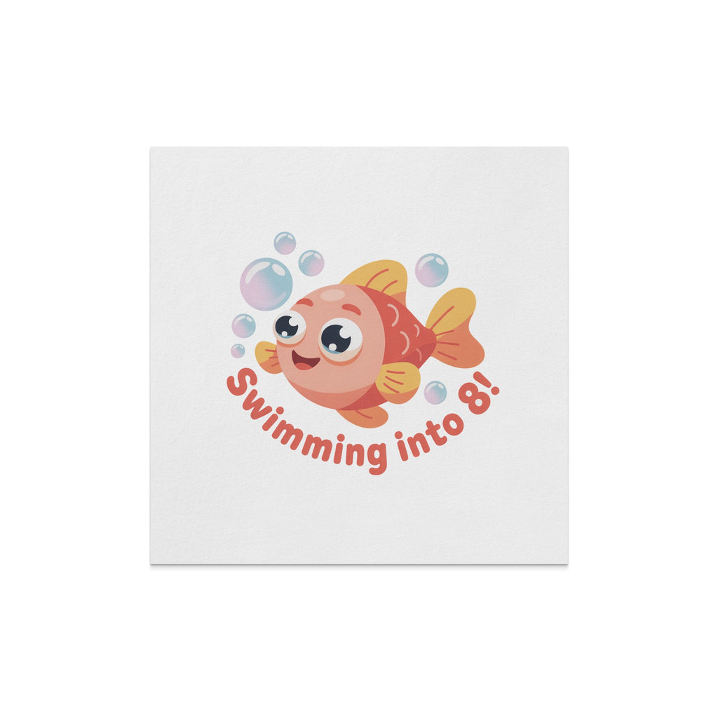Coral fish with text "Swimming into 8!" and bubbles.