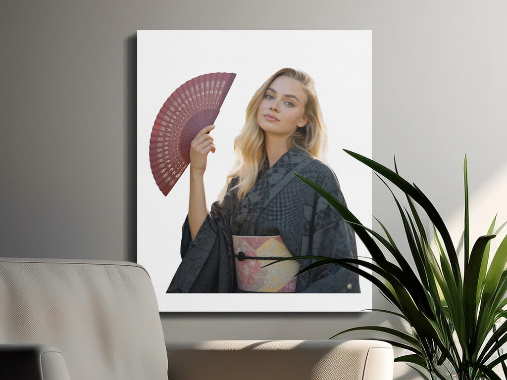 Blonde woman in kimono holding red fan on white background.