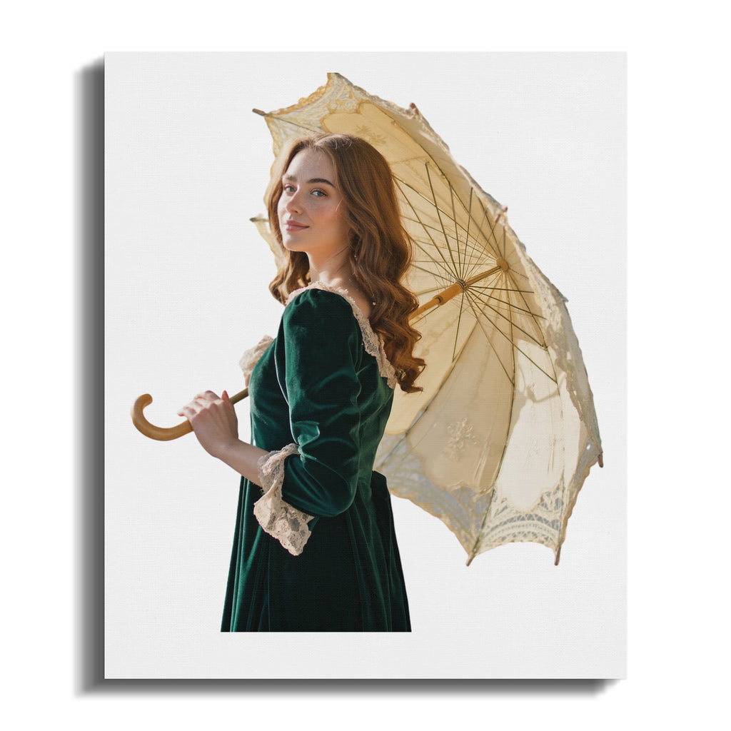 Young woman in green velvet dress holding a white lace umbrella.
