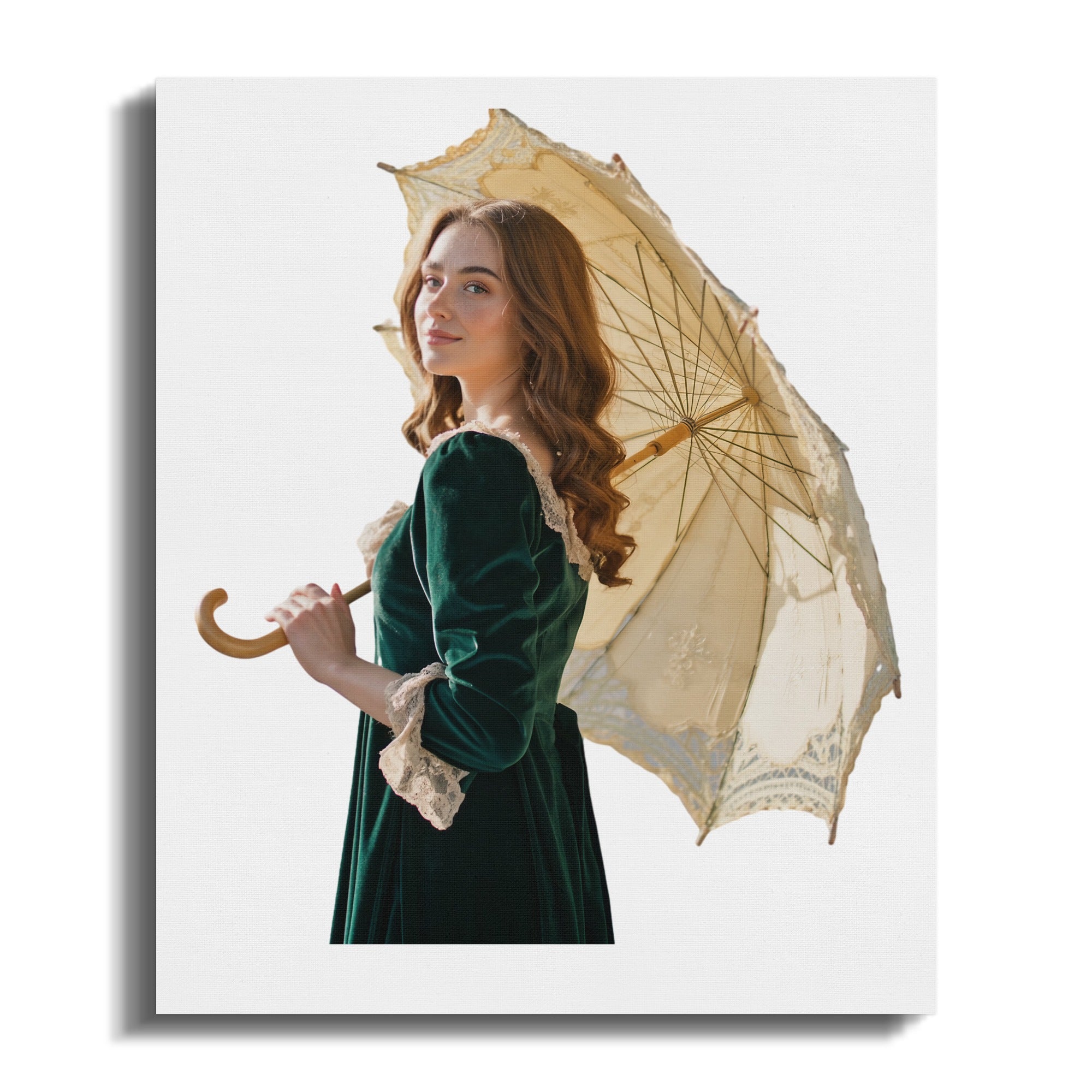Young woman in green velvet dress holding a white lace umbrella.
