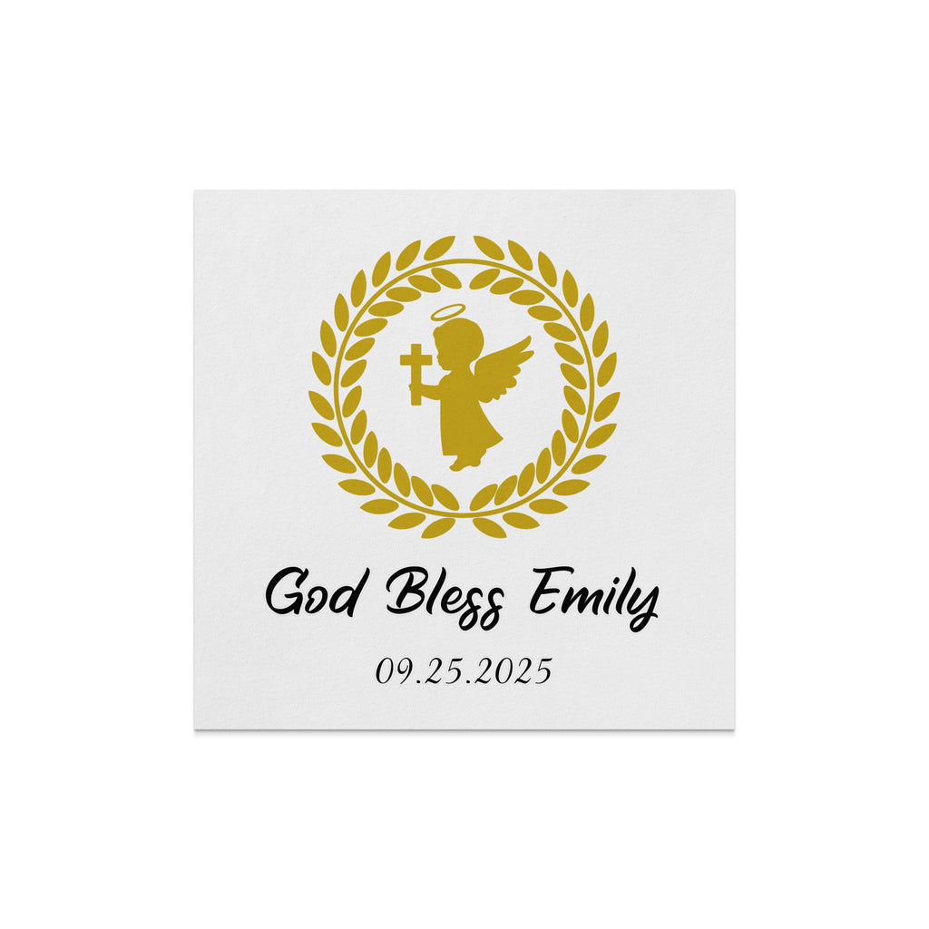 Gold angel with cross in wreath, "God Bless Emily", date below.