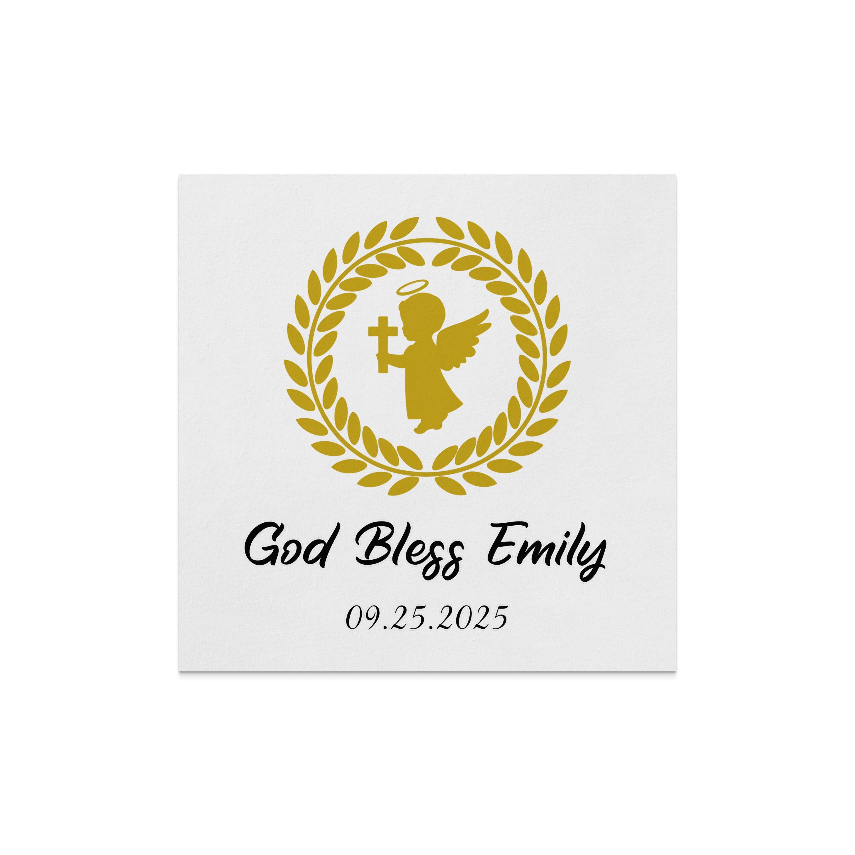 Gold angel with cross in wreath, "God Bless Emily", date below.