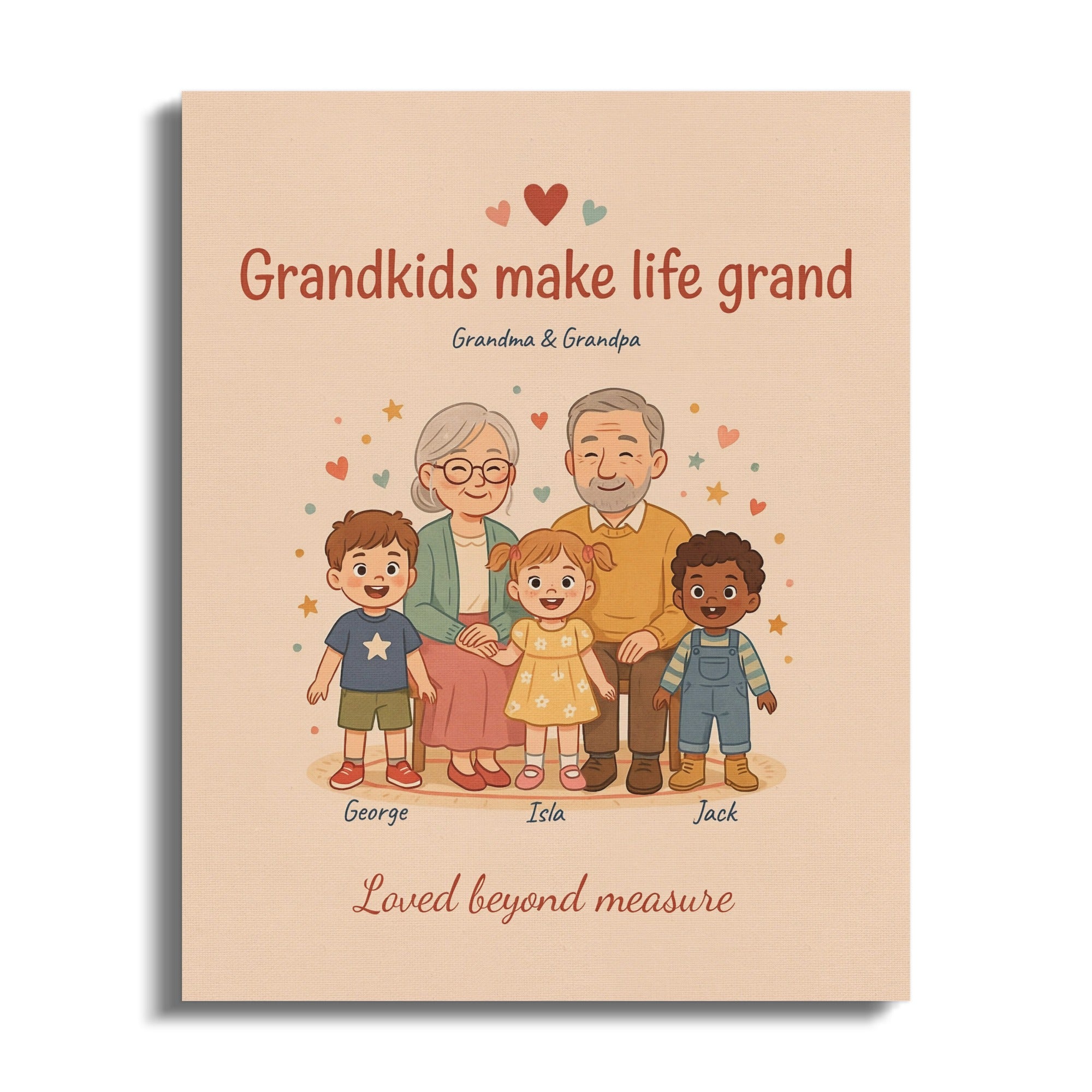 Grandkids make life grand quote with cartoon grandparents and three grandchildren named George, Isla, and Jack.