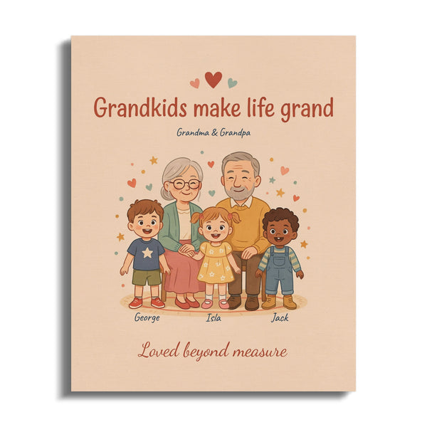 Grandkids make life grand quote with cartoon grandparents and three grandchildren named George, Isla, and Jack.