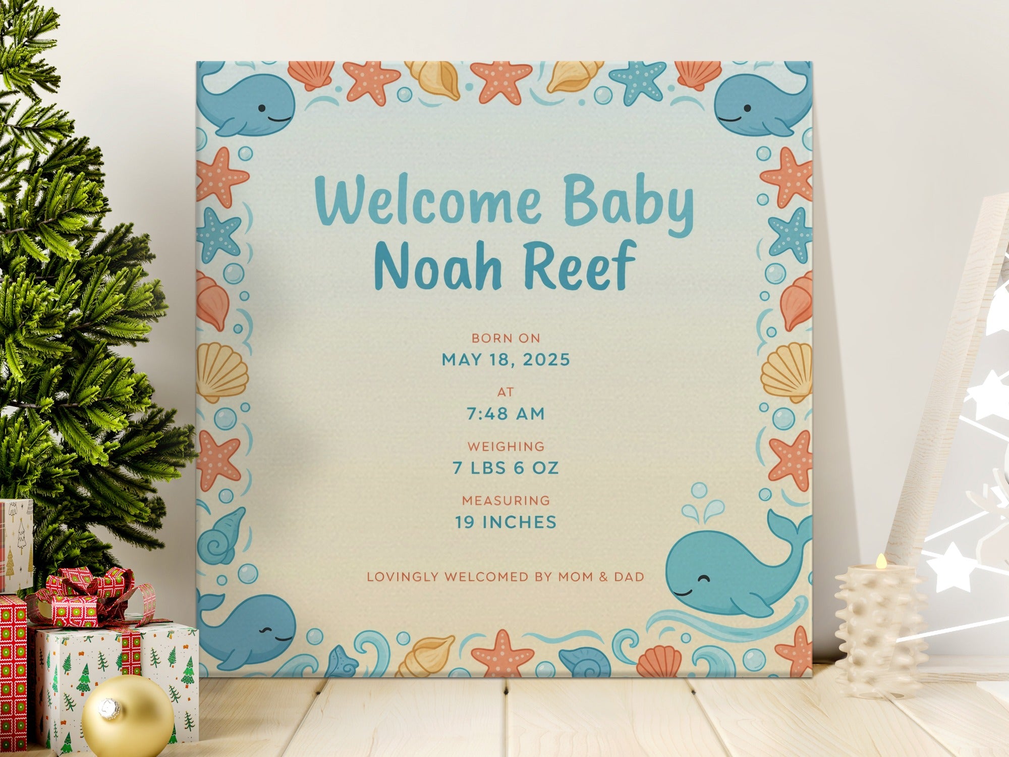 Welcome Baby Noah Reef, born May 18, 2025, with ocean-themed border.