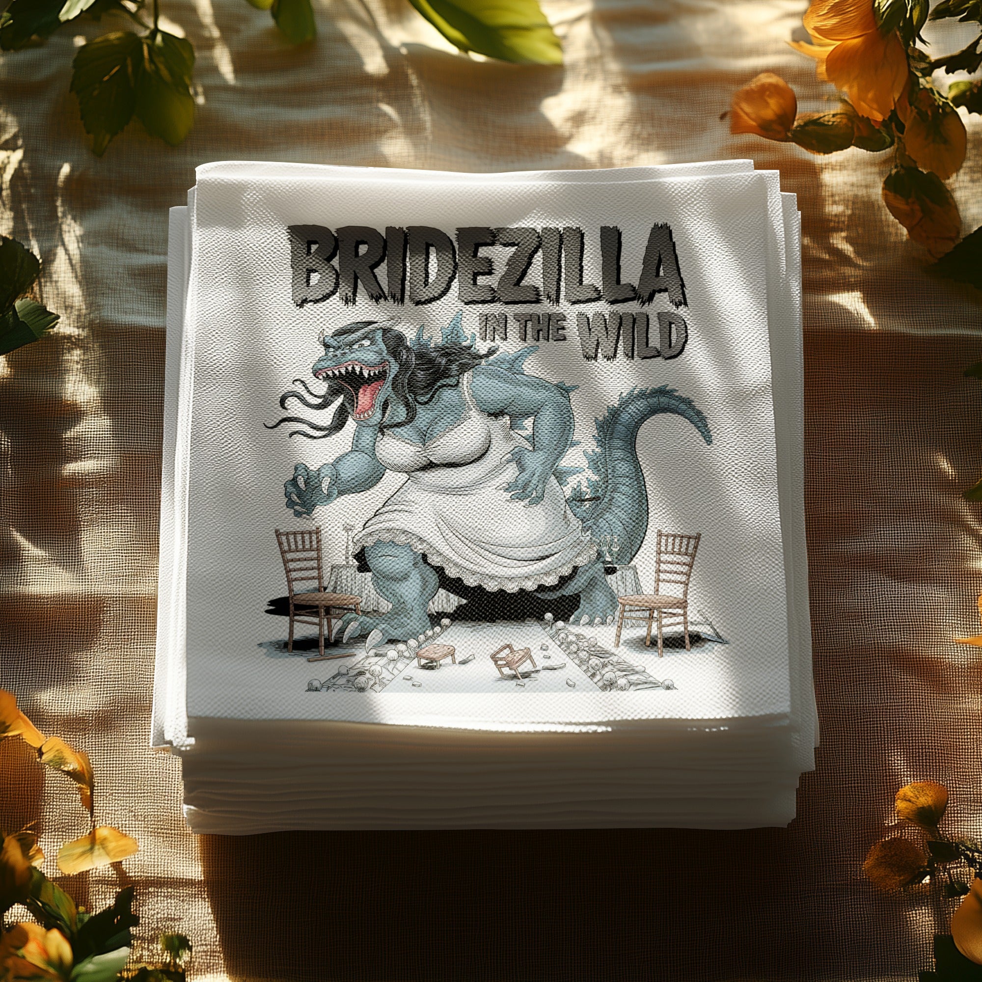 Napkins with "BRIDEZILLA IN THE WILD" text and a monster bride illustration.