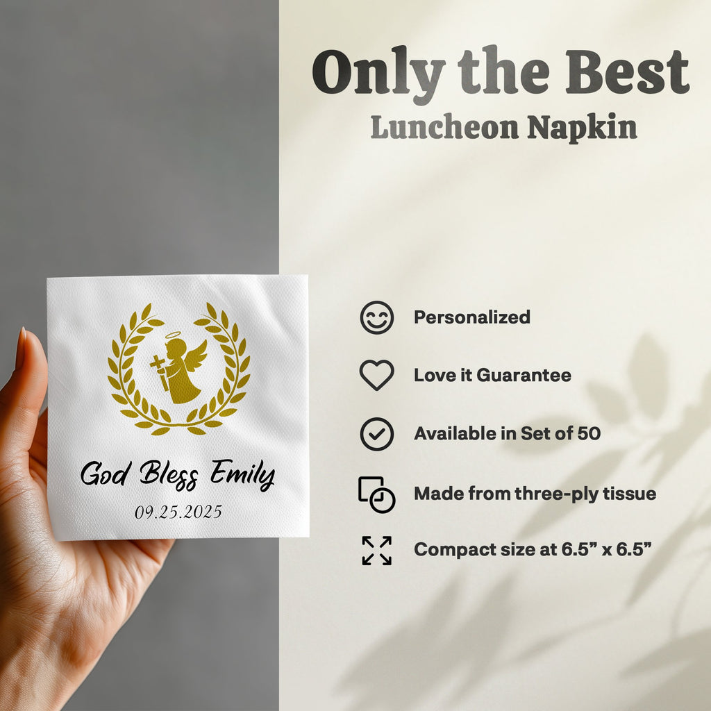 White Luncheon Napkin with "God Bless Emily" and gold angel emblem.