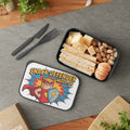 Lunchbox with superhero character, sandwiches, cheese, and nuts.