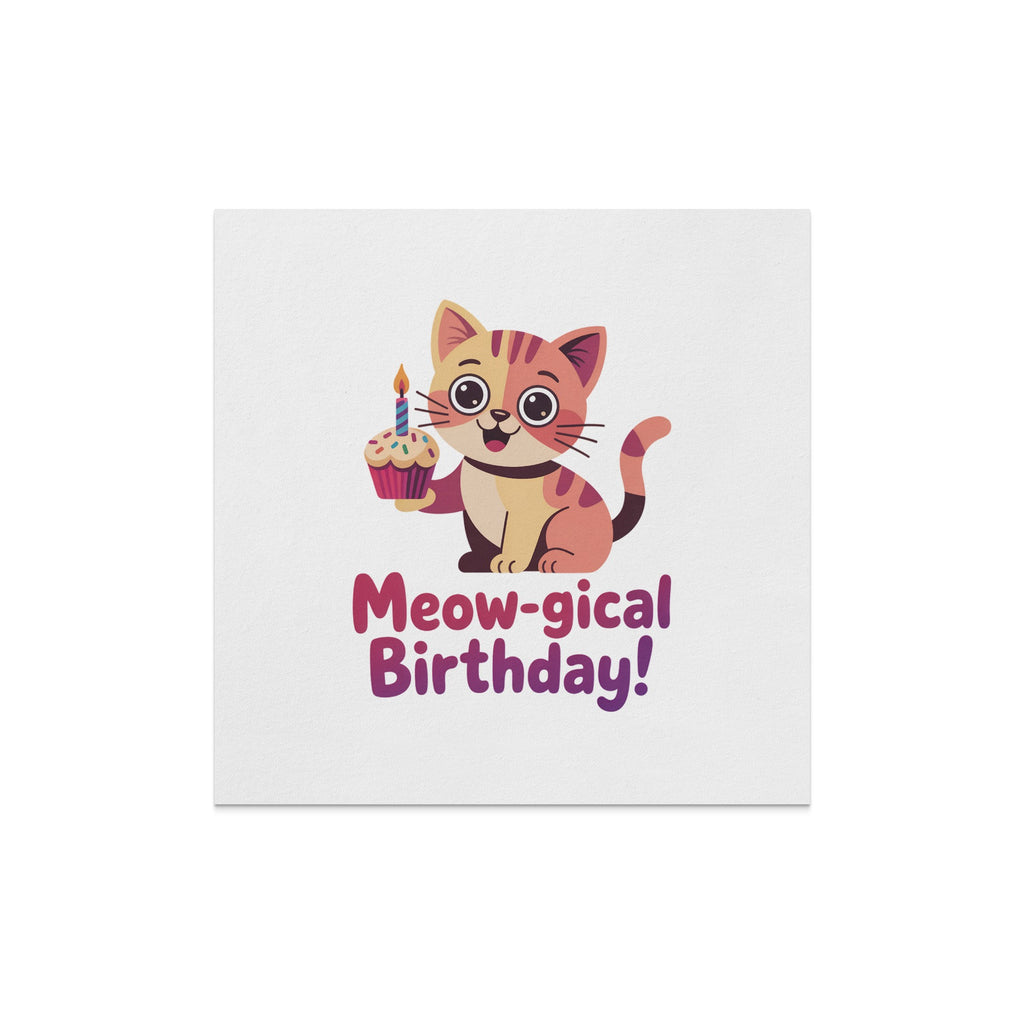 Birthday card with a cartoon cat holding a cupcake, text says "Meow-gical Birthday!".