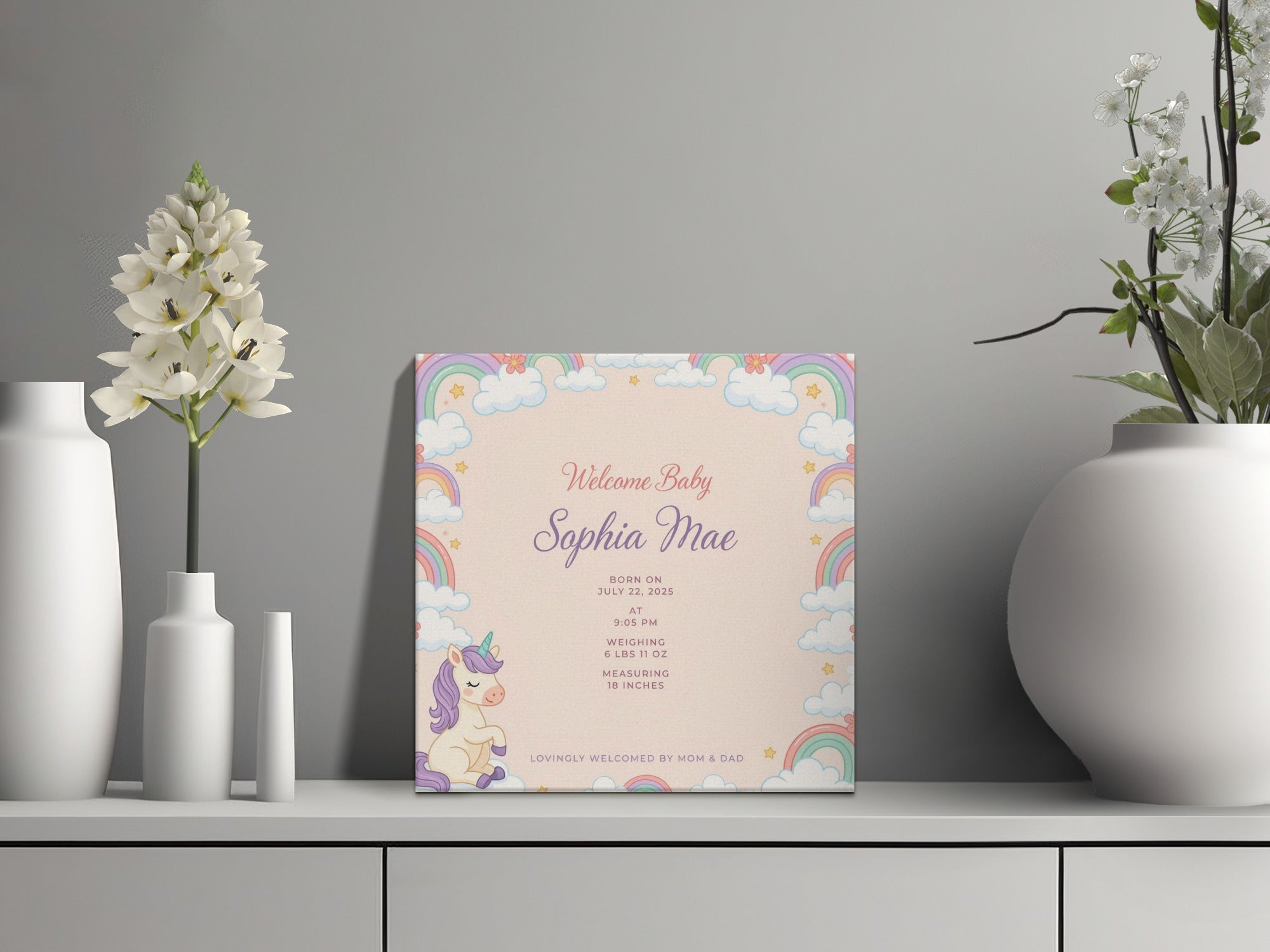 Welcome Baby Sophia Mae birth announcement with unicorn and rainbows.