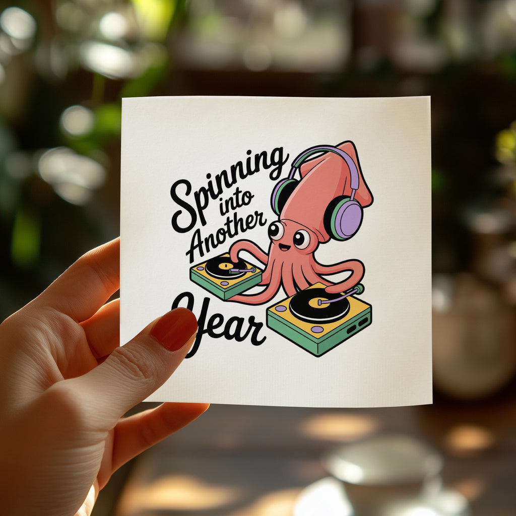 Squid wearing headphones DJs, "Spinning Into Another Year" text.