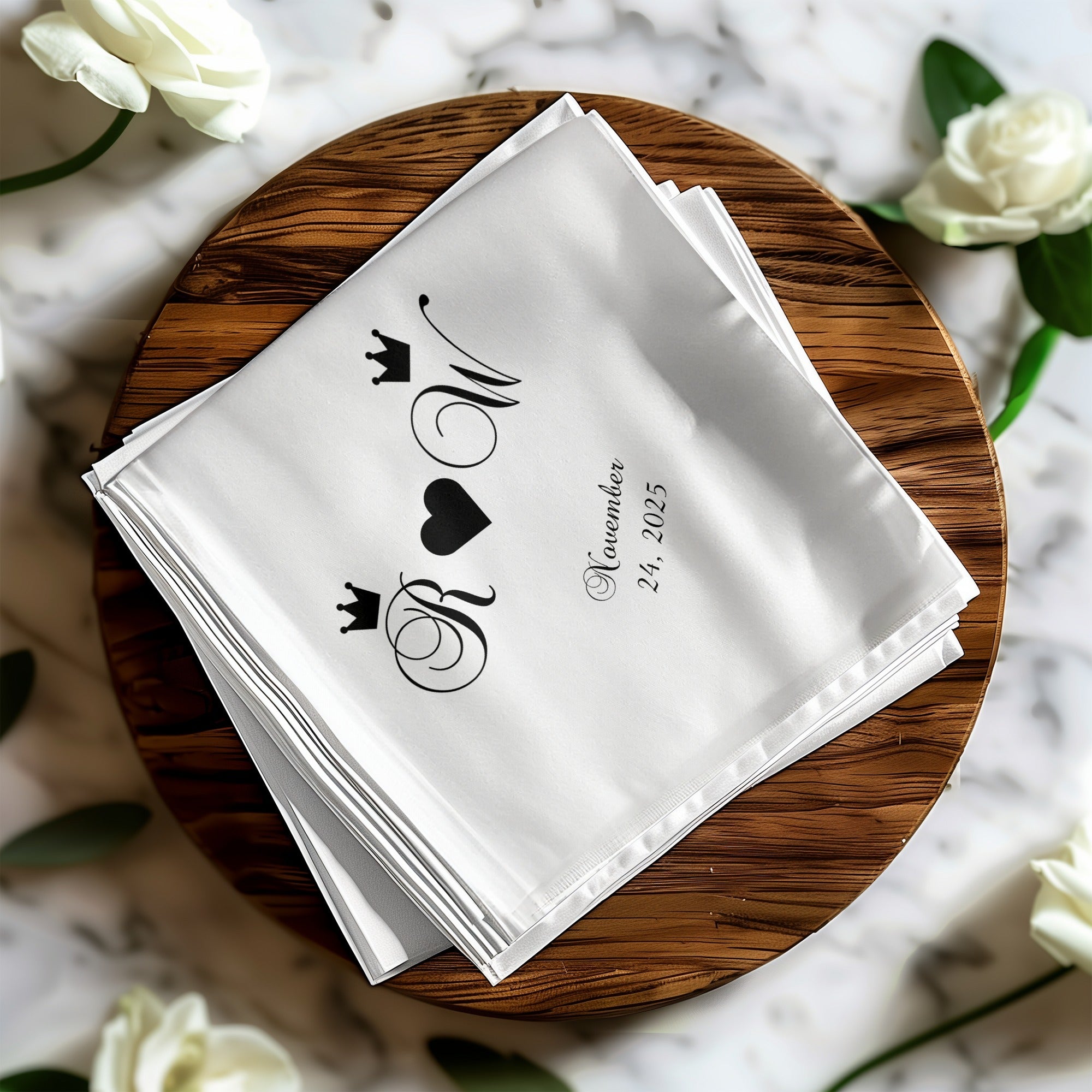 Personalized wedding napkins with initials R and W and date November 24, 2025.