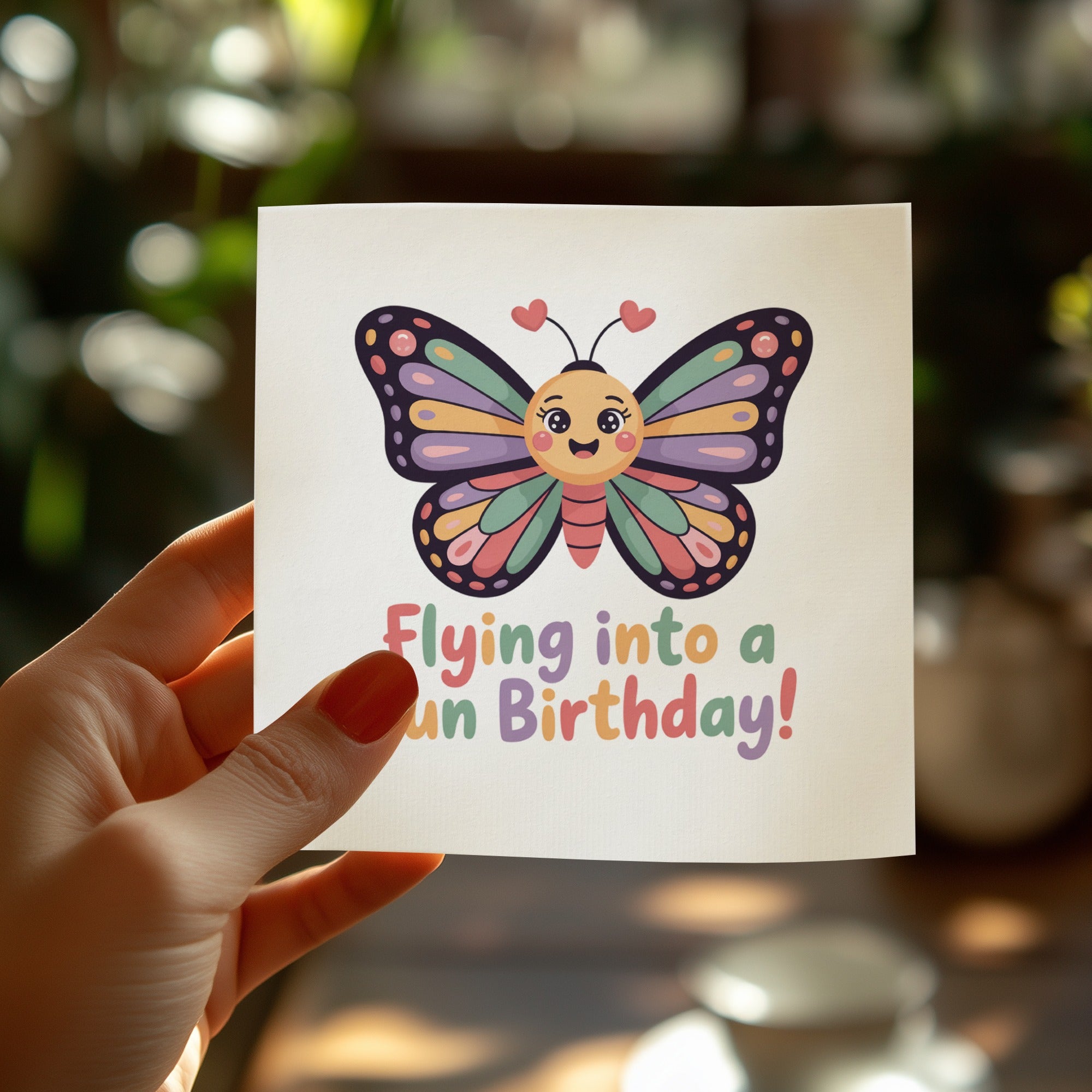 Card with smiling butterfly and "Flying into a fun Birthday!" text.