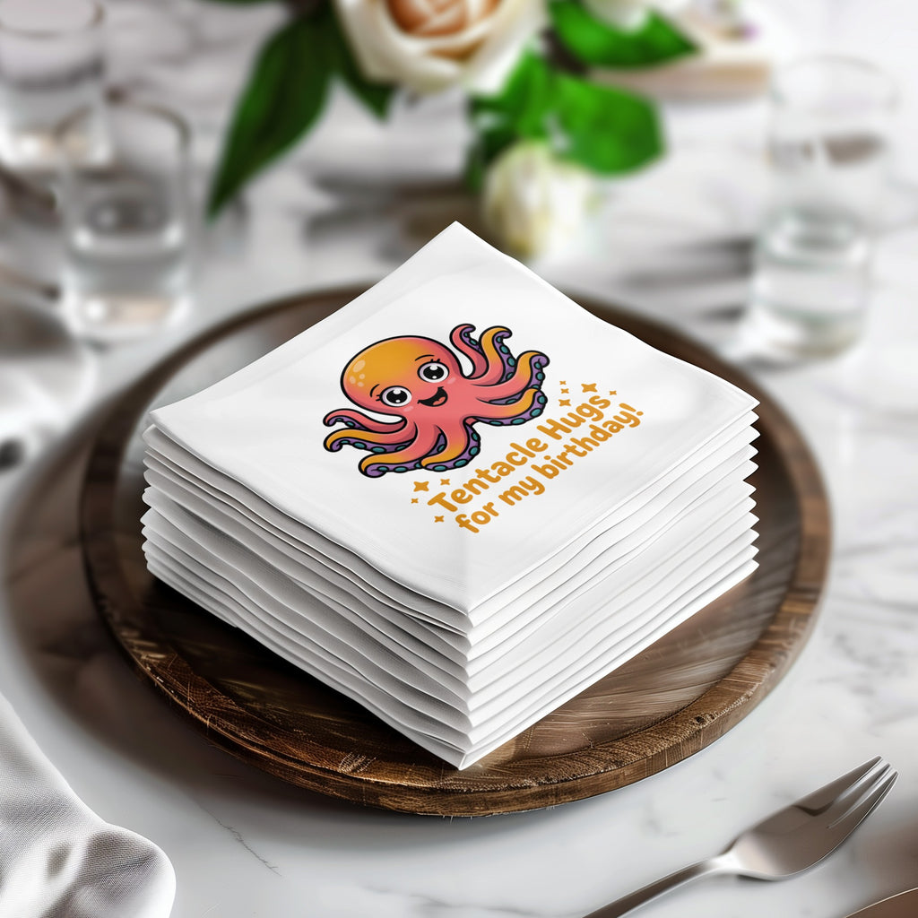 Stack of napkins with orange octopus and "Tentacle Hugs for my birthday!" text.