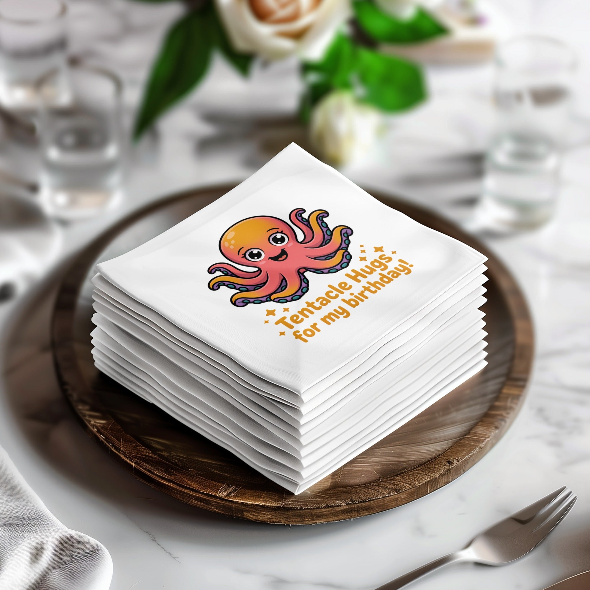 Stack of napkins with orange octopus and "Tentacle Hugs for my birthday!" text.