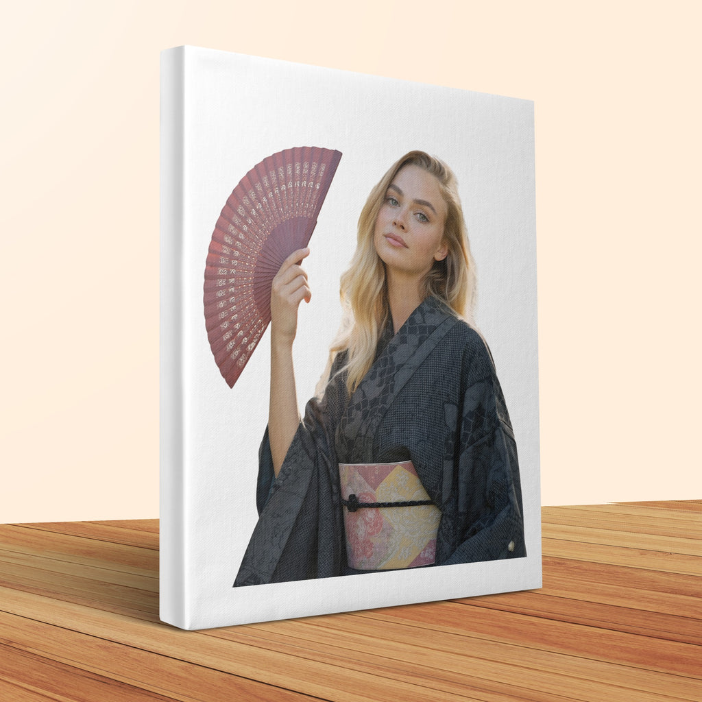 Woman in kimono holding a red fan against a white background.