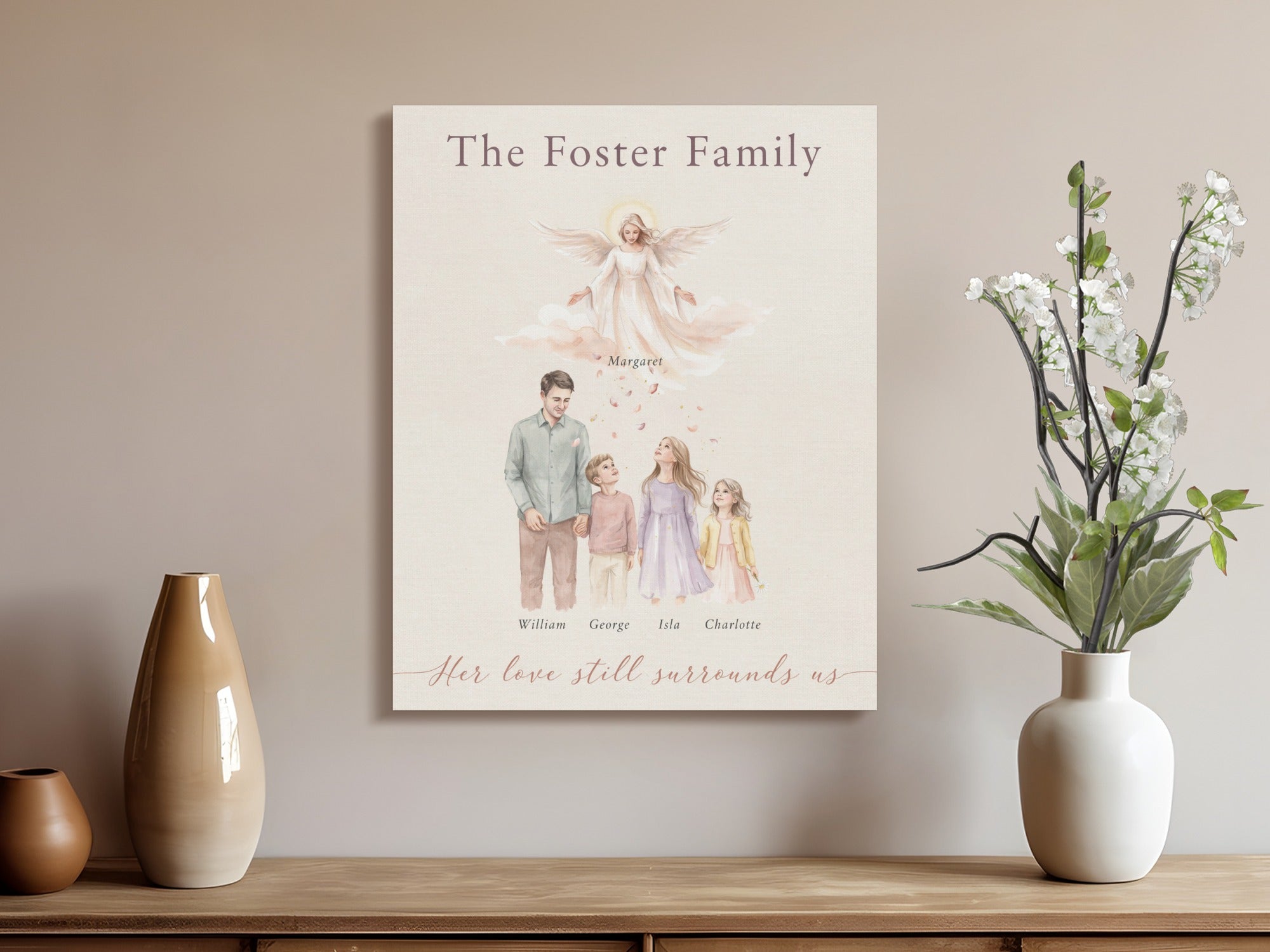 Personalized "The Foster Family" canvas with angel, parents, children, and memorial text.