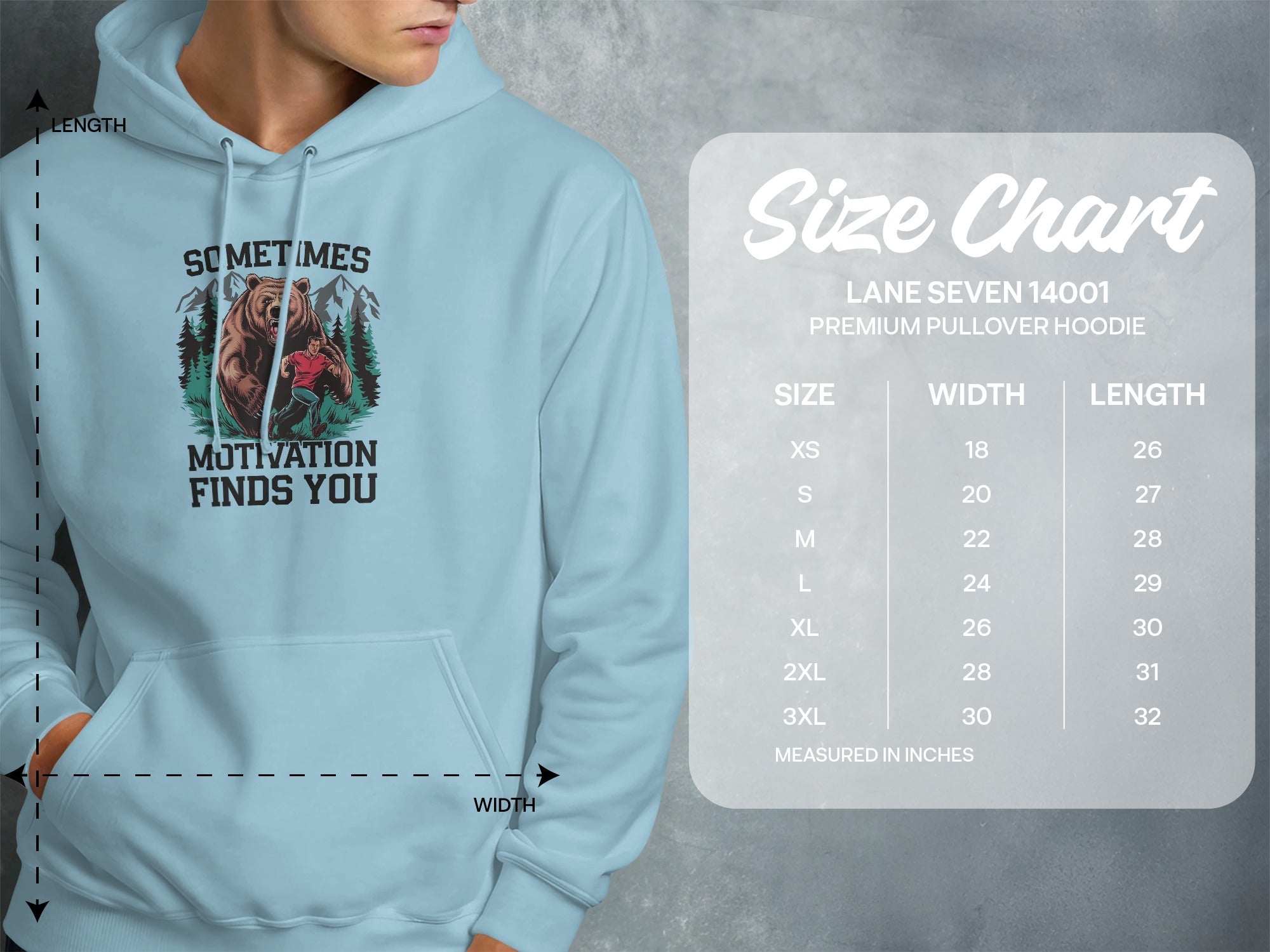 Light blue hoodie with bear graphic and size chart detailing measurements.