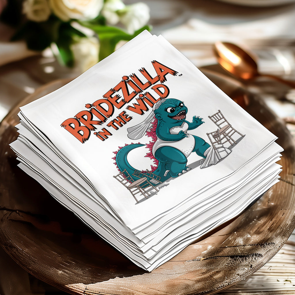 Bridezilla in the Wild text on a stack of white napkins featuring a Godzilla-like bride.