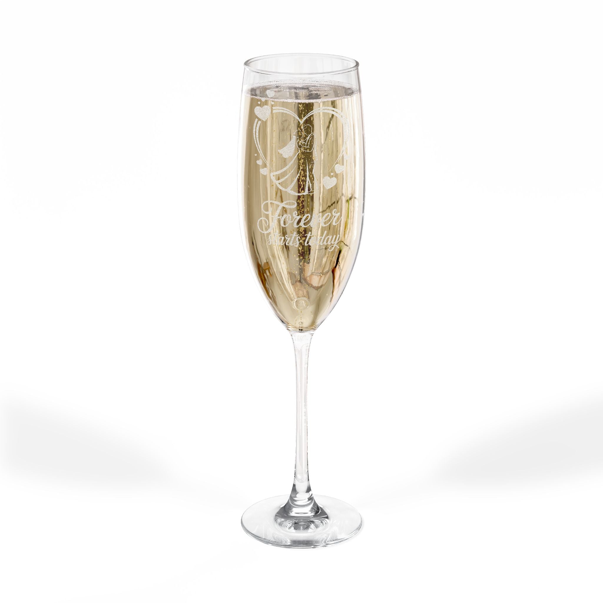 Champagne flute with "Forever starts today" etched onto glass.