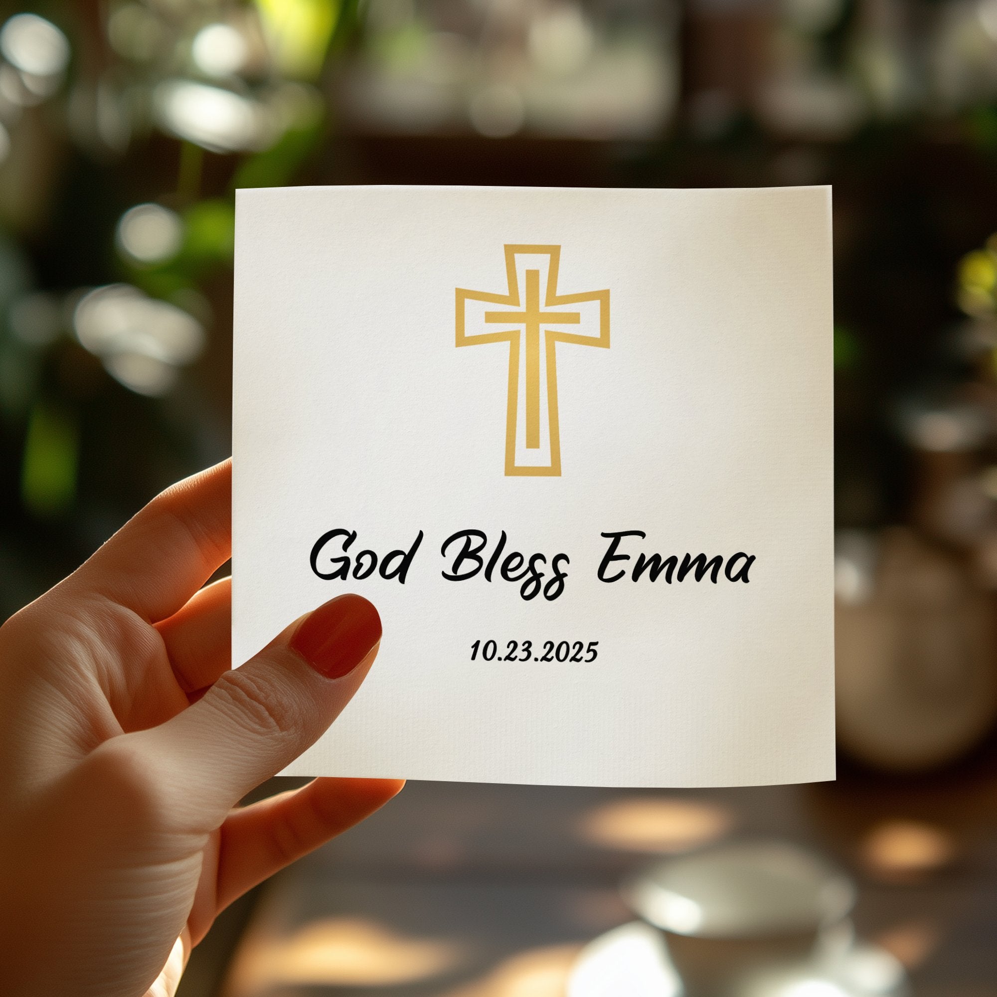 Card with a golden cross and "God Bless Emma" text, held by a hand.
