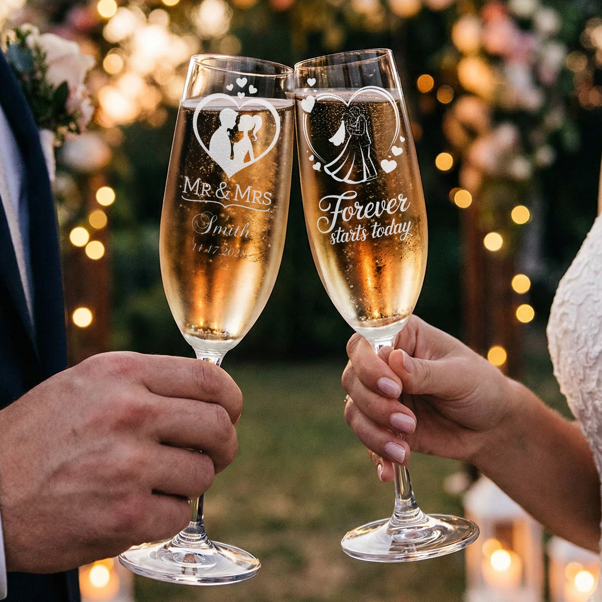 Champagne flutes with "Mr & Mrs" and "Forever starts today" text.