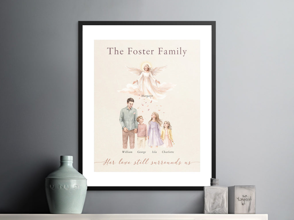 Watercolor portrait of "The Foster Family" with names and quote.