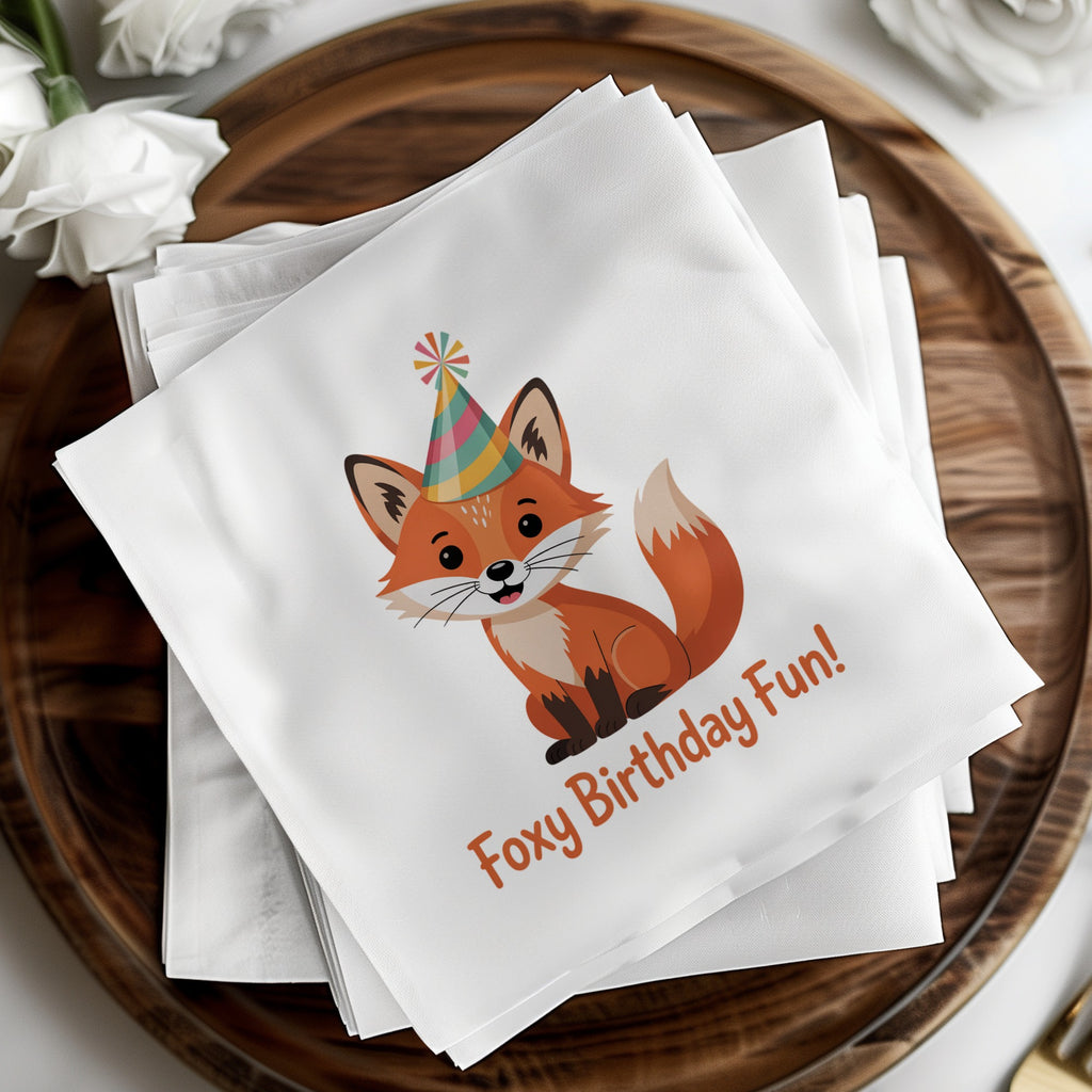 Napkins with a cartoon fox wearing a birthday hat, reading "Foxy Birthday Fun!".