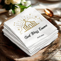 White napkin with "God Bless Emma" and date.