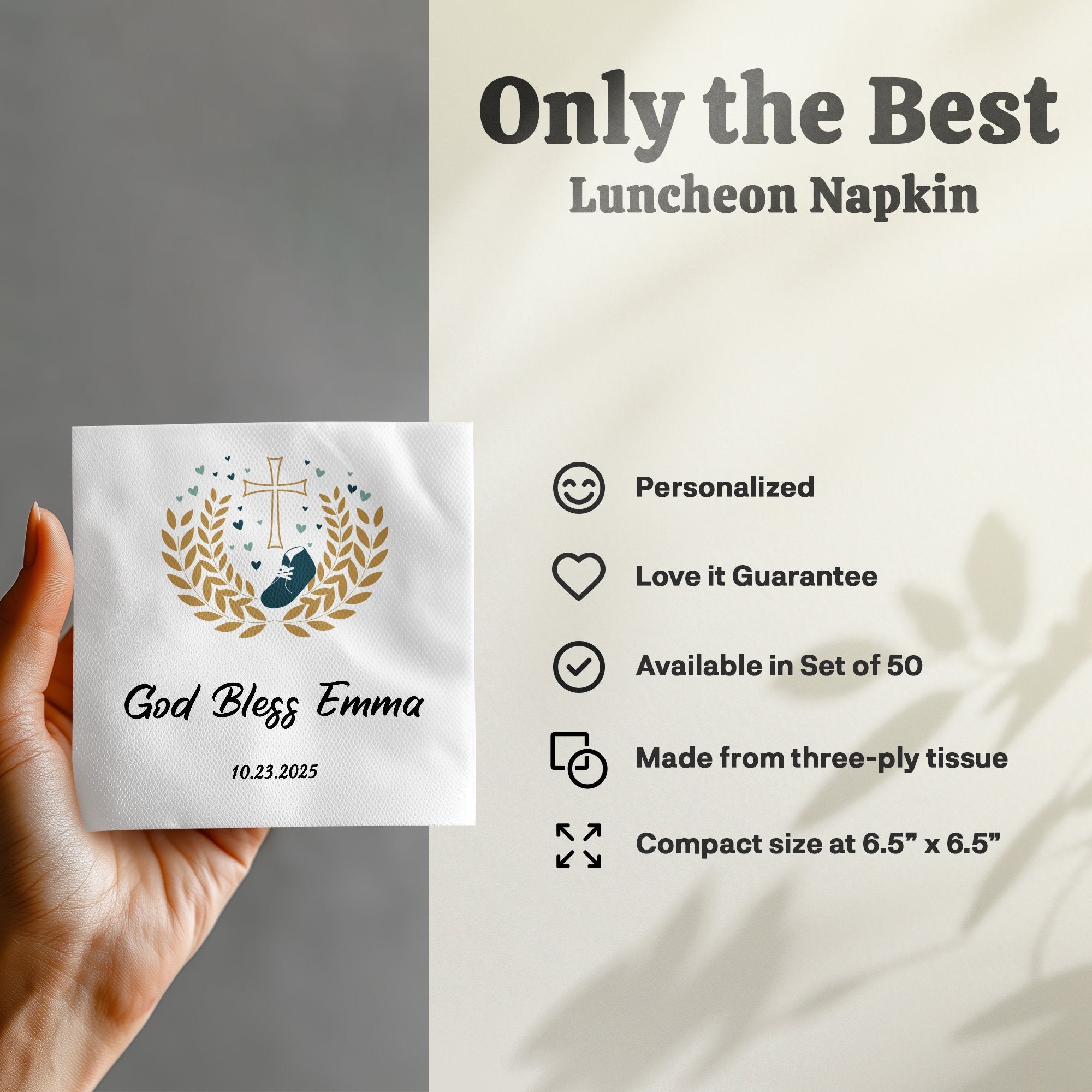 Luncheon napkin with "God Bless Emma" and a date, plus product details.