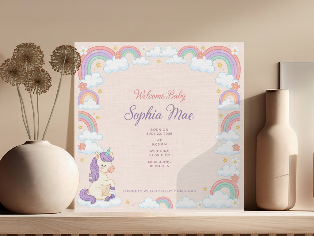 Welcome Baby Sophia Mae birth announcement with unicorn and rainbows.