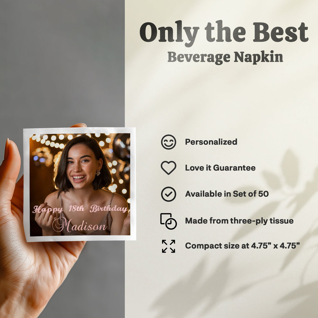 Beverage napkin with "Happy 18th Birthday Madison" and product features.