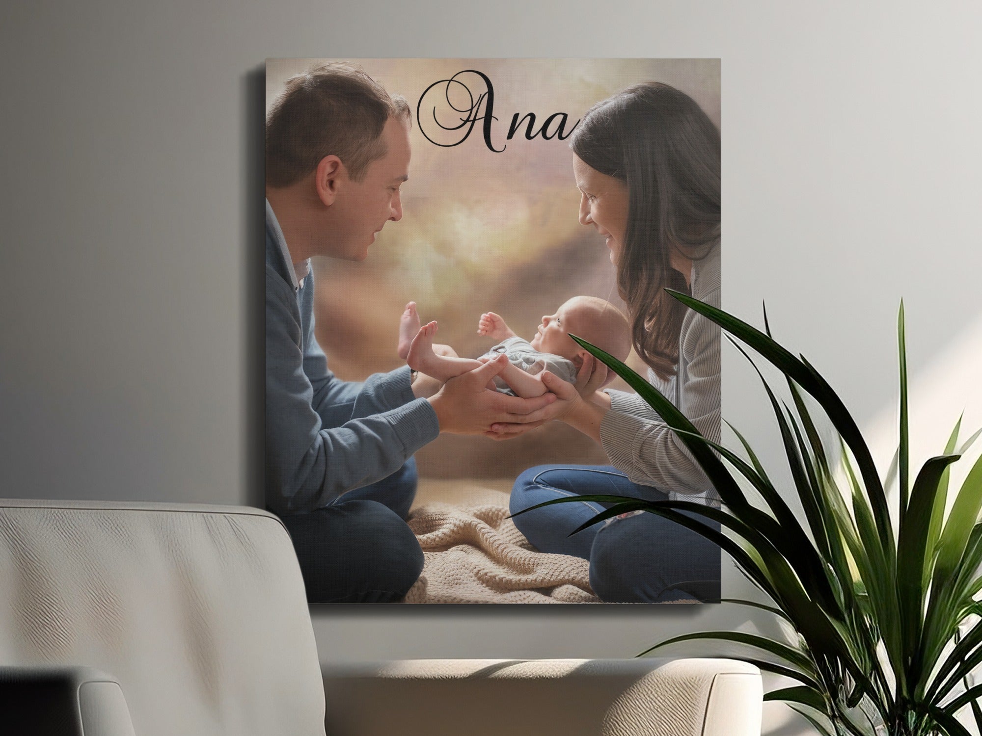 Family portrait of parents holding newborn baby, with "Ana" text.