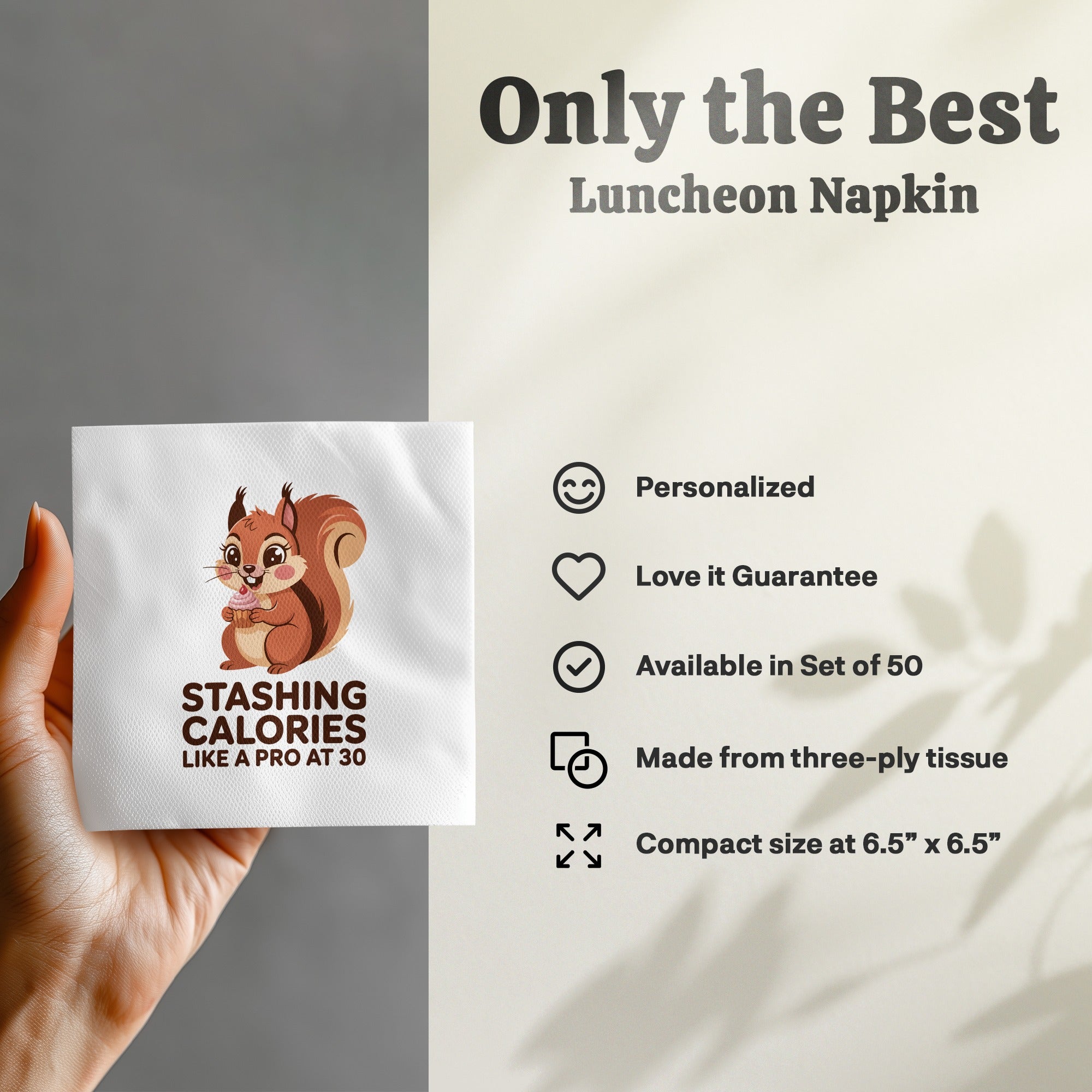 Squirrel with cupcake illustration on "Stashing Calories Like a Pro" napkin.