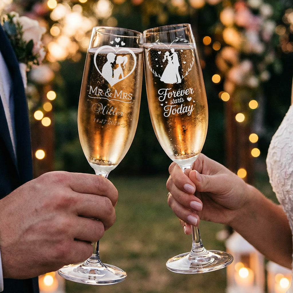 Two champagne flutes with "Mr & Mrs Miller" and "Forever starts today".