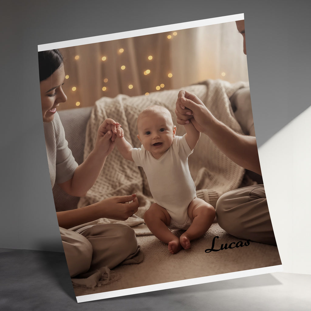 Happy baby held by parents' hands with "Lucas" signature.