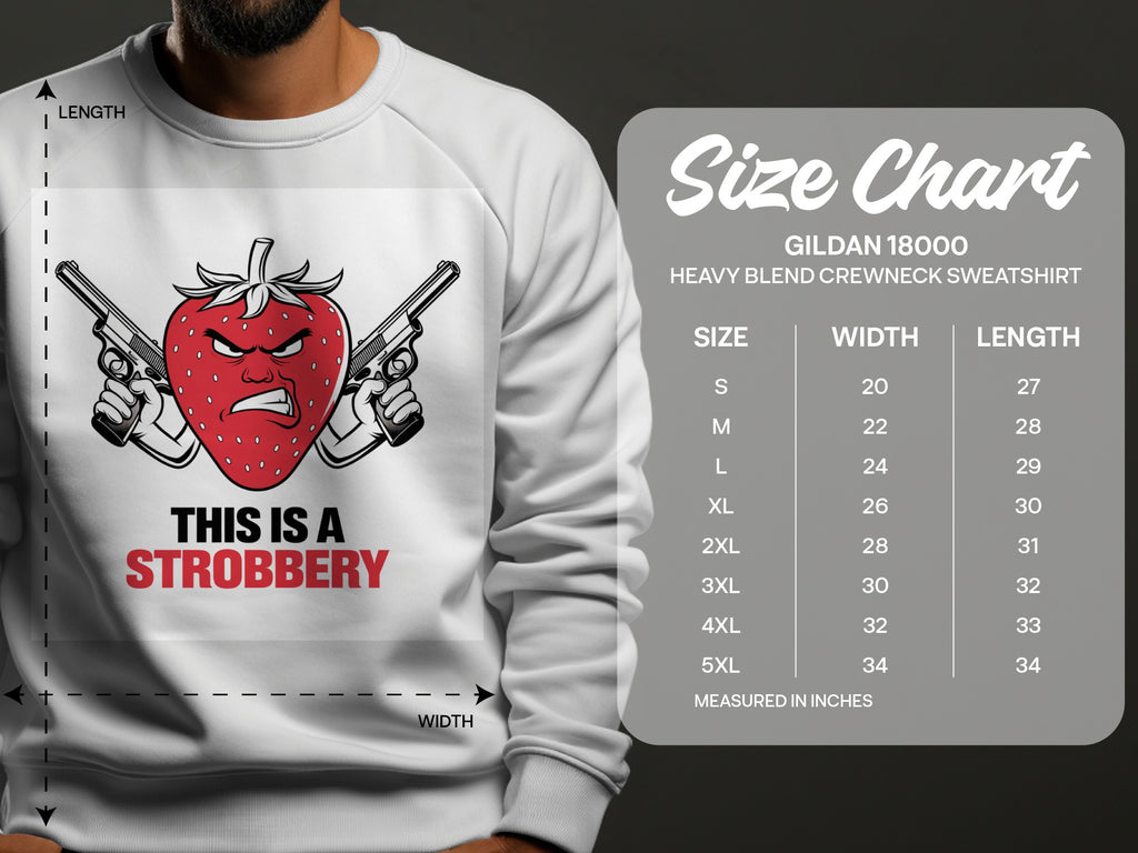 Crewneck sweatshirt with strawberry graphic and size chart.