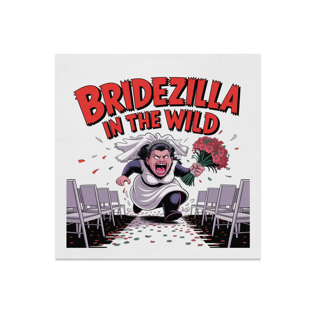 Bridezilla in the Wild text over cartoon bride running with bouquet between wedding chairs.