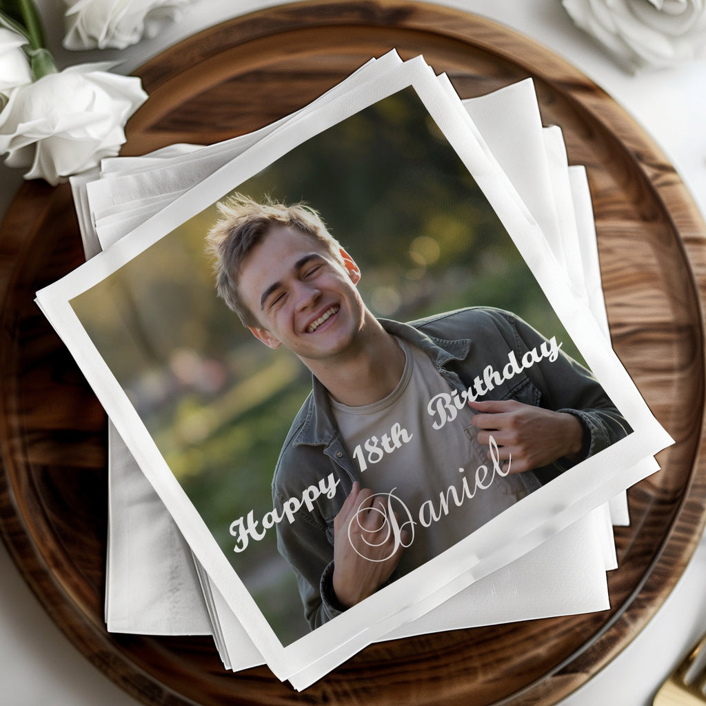 Young man smiling, wearing a green jacket, with "Happy 18th Birthday Daniel" text.