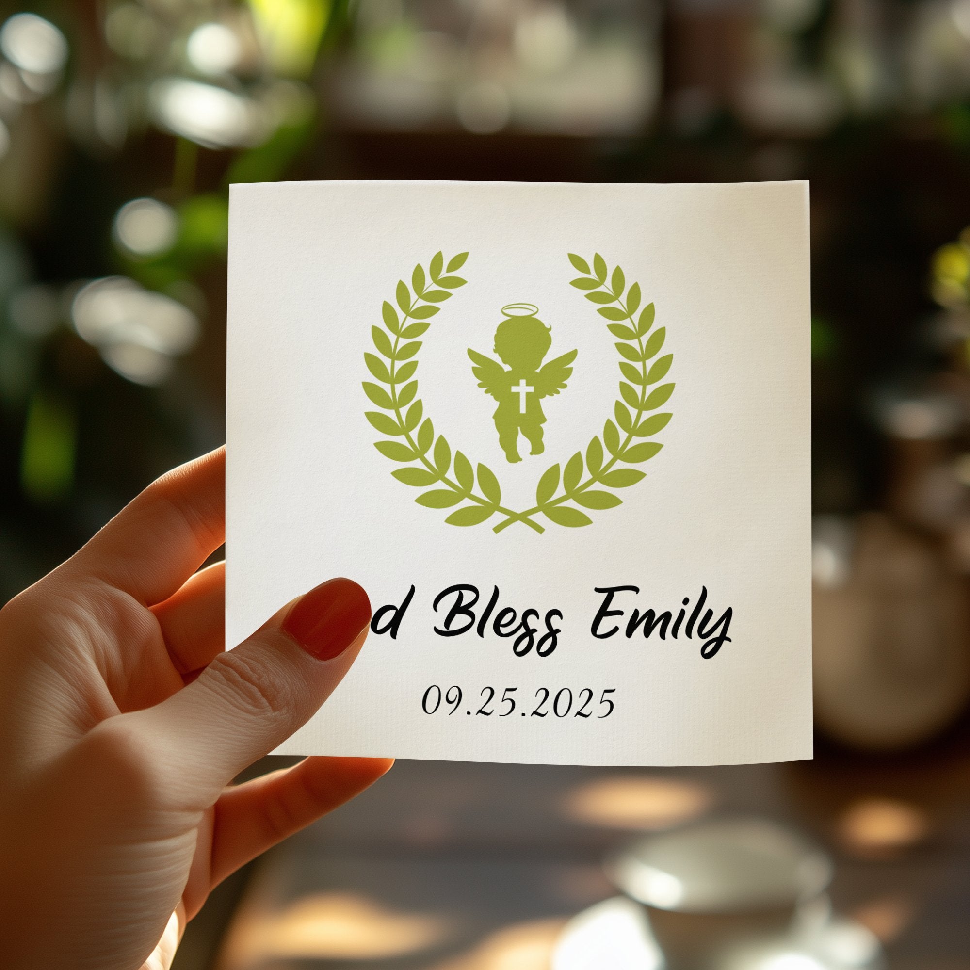 "God Bless Emily" card with angel and laurel wreath, held by a hand.