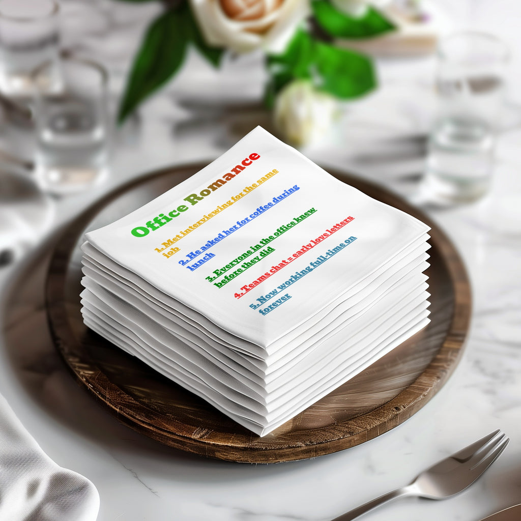 Stack of napkins with "Office Romance" and five numbered bullet points about a relationship.