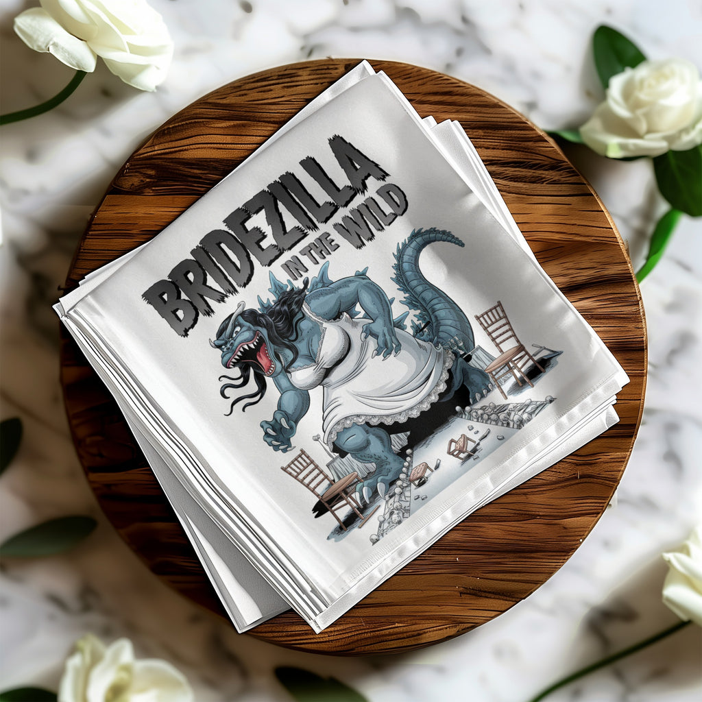Bridezilla in the Wild graphic on a white folded cloth, surrounded by roses.