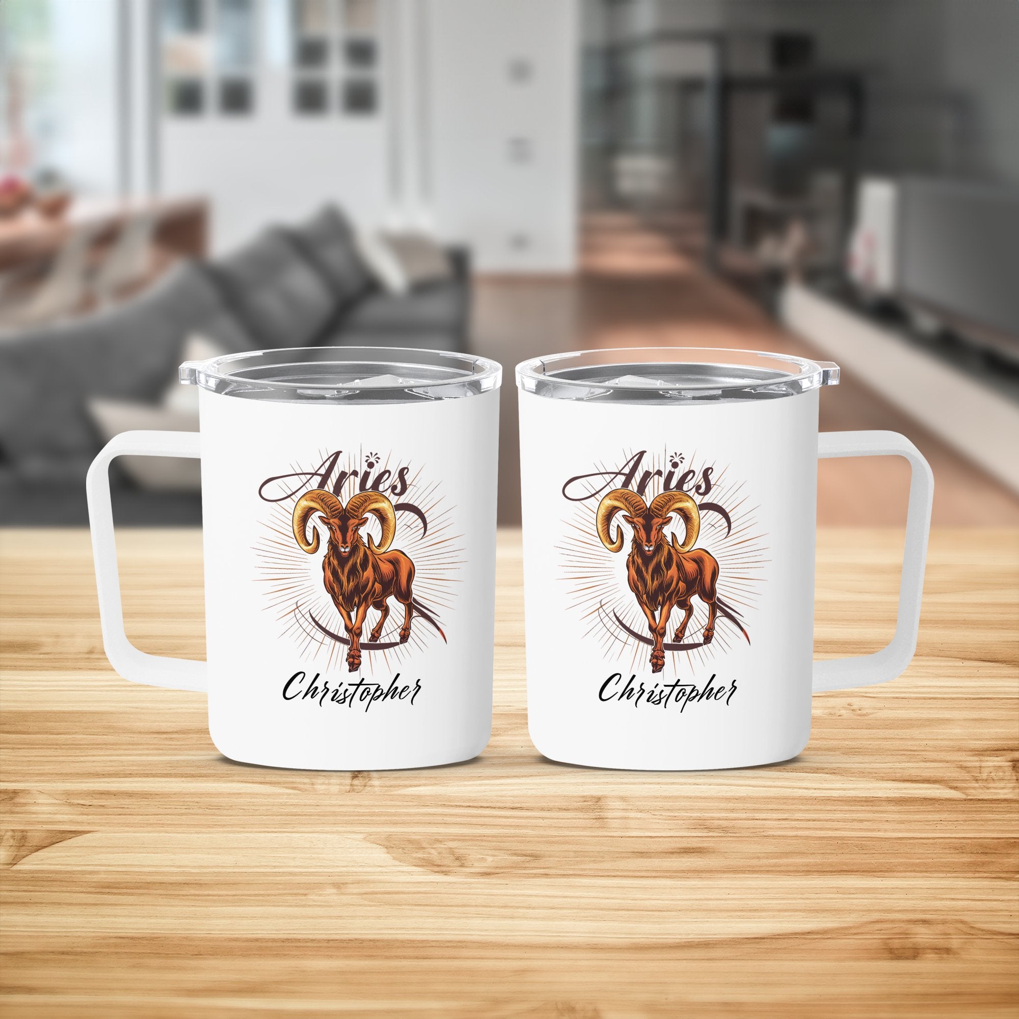 Two white insulated mugs with Aries ram design and personalized text.