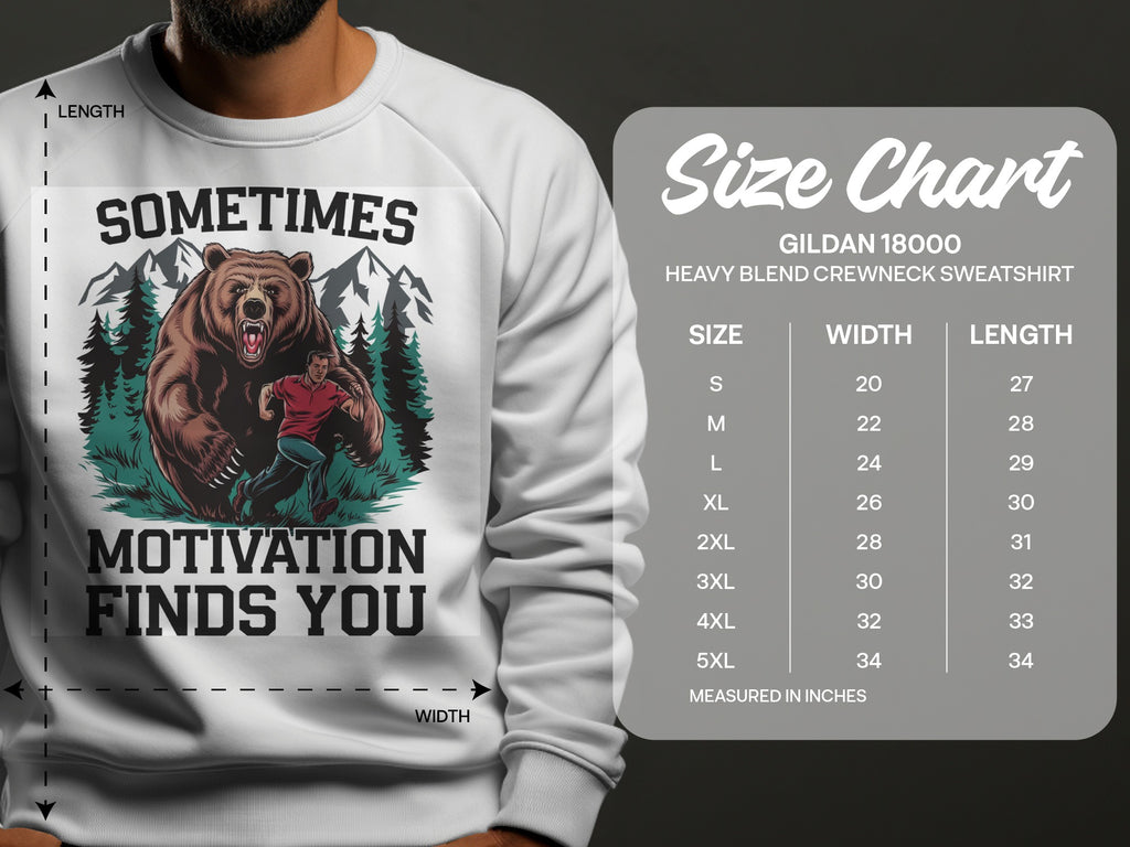 Bear and runner graphic with "Sometimes Motivation Finds You" text on sweatshirt, size chart details.