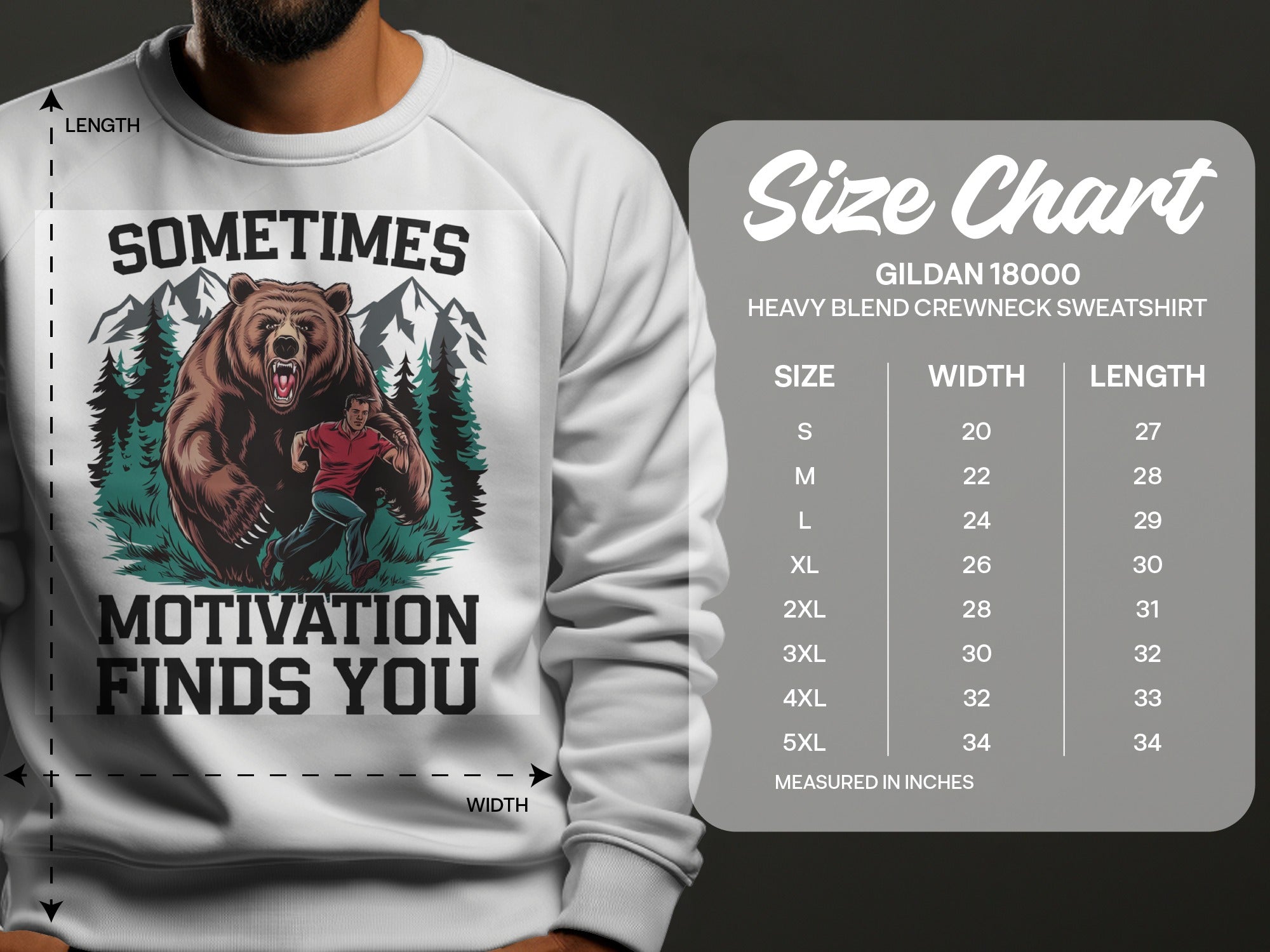 Bear and runner graphic with "Sometimes Motivation Finds You" text on sweatshirt, size chart details.