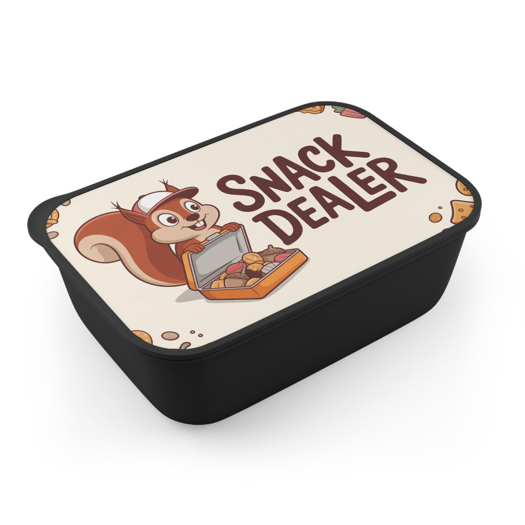 Black lunchbox with cartoon squirrel offering snacks, text "SNACK DEALER".