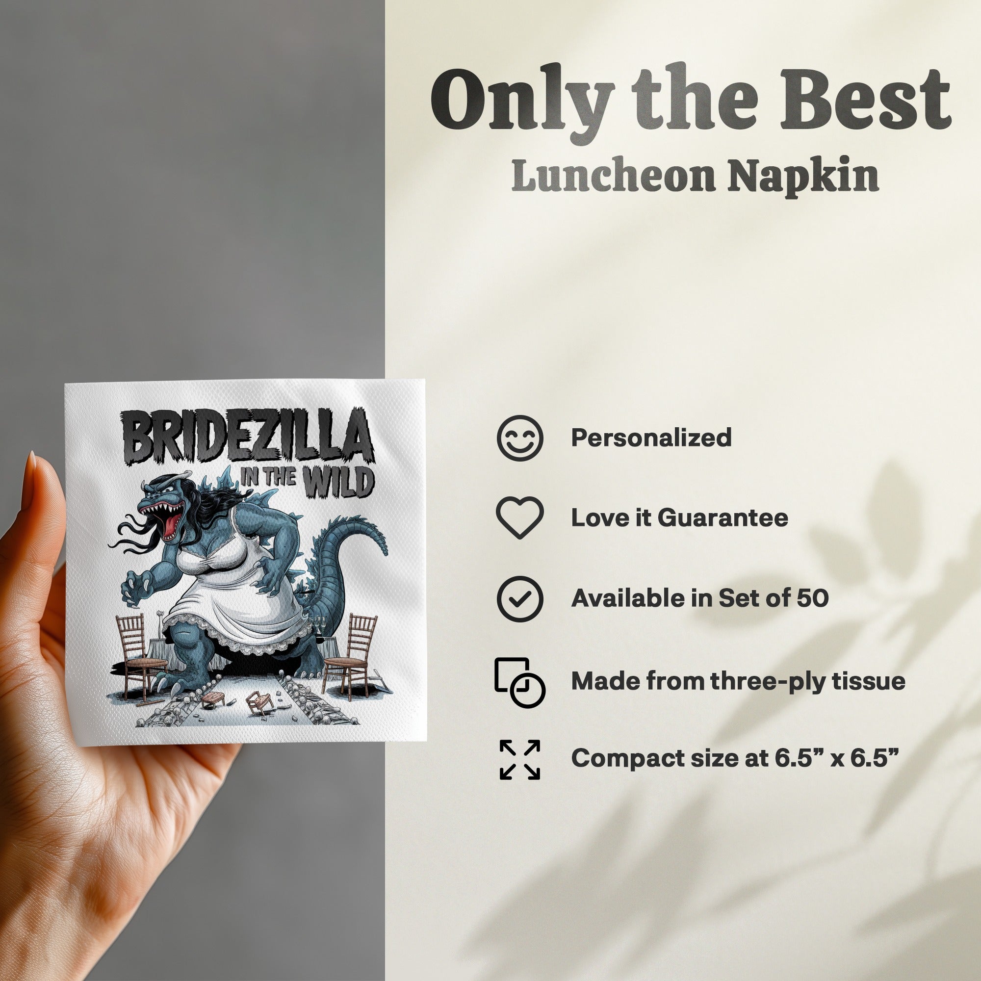 Bridezilla in the Wild luncheon napkin with description of features.
