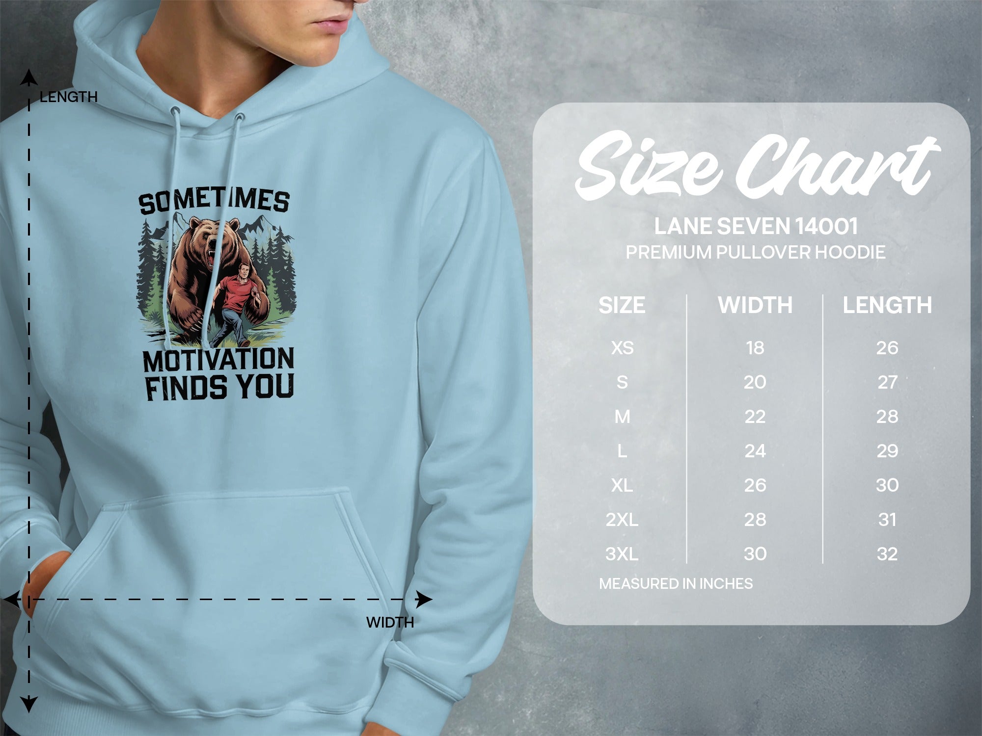 Light blue hoodie with "Sometimes Motivation Finds You" graphic and size chart.
