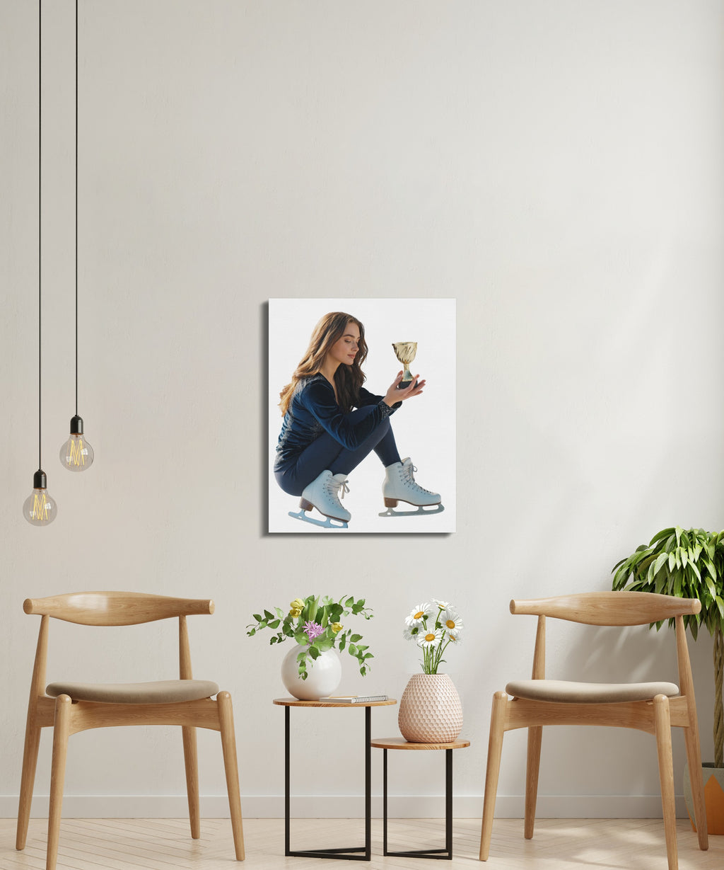 Young woman in ice skates holding trophy, with two chairs and plants.